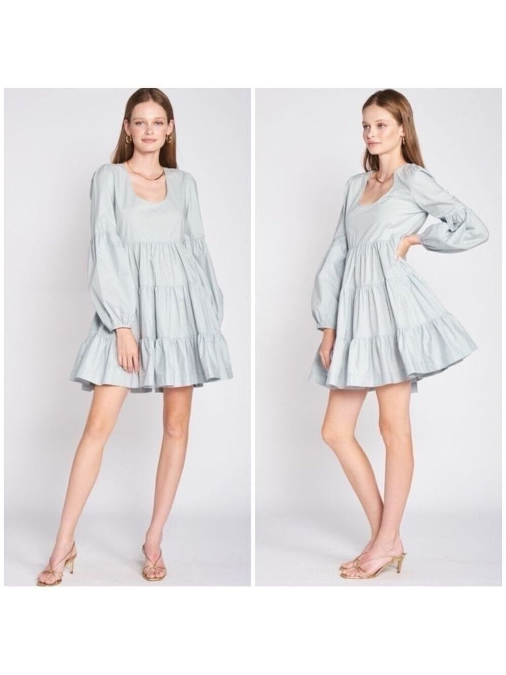En Saison Balloon Sleeve Ruffle Tiered Ida Mini Dress in Light Blue